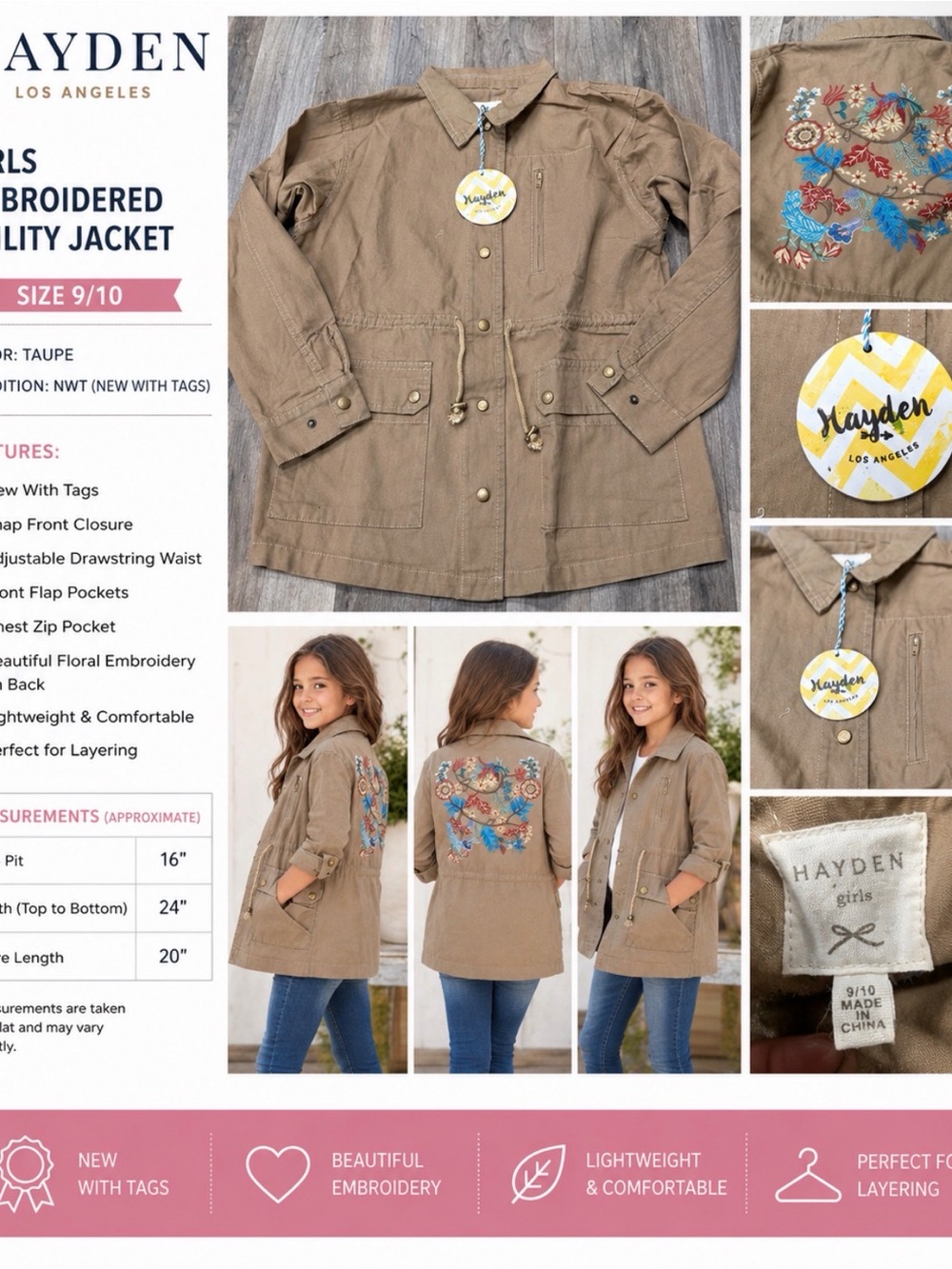 NWT Hayden Girls Embroidered Utility Jacket Size 9/10 Taupe Floral Back Coat